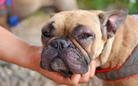 Perro con cara hinchada por picadura de avispa. Busca remedios caseros para picadura de avispa en perros.