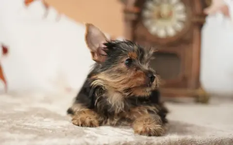 Un tierno cachorro de perros yorkshire, con su pelaje oscuro y dorado, descansa sobre una manta suave, con un reloj antiguo desenfocado al fondo.