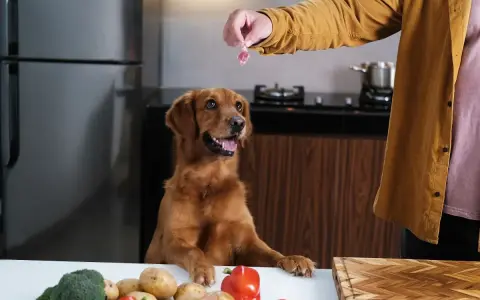 Un perro golden retriever espera ansioso un trozo de carne, mientras en la mesa hay ingredientes para comida para perros hecha en casa.
