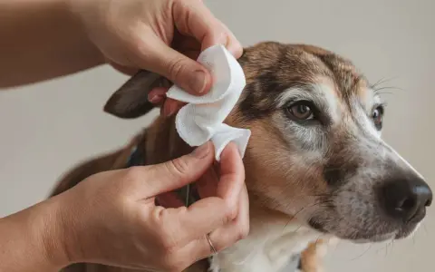 Manos limpian orejas perro con una toallita blanca. Cuidado e higiene para tu mascota.