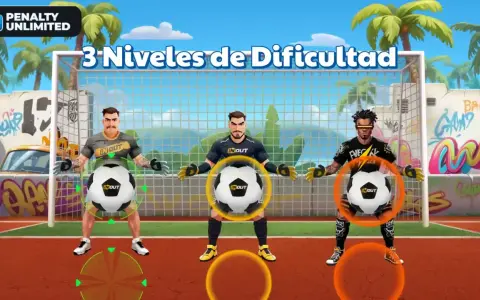 El juego de tiros de penalti: cada multiplicador. Tres porteros listos para detener balones en un campo de fútbol con palmeras y grafitis.