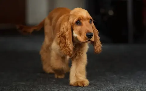 Un cachorro de cocker dorado camina con sus largas orejas caídas. Hay varios tipos de cocker, y este es un ejemplo encantador.