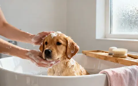 Un cachorro golden retriever recibe su primer baño en una bañera. Es el momento perfecto para bañar a un cachorro cuando está sucio.