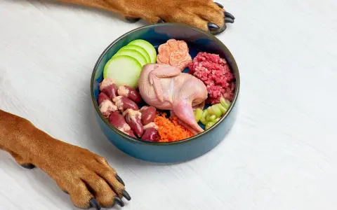 Un perro espera ansioso su dieta cocinada: un festín de codorniz, corazones, carne picada y verduras frescas en un cuenco azul.