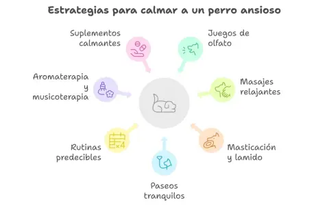Estrategias para calmar a un perro ansioso: suplementos, aromaterapia, juegos, masajes, masticación, paseos y rutinas predecibles.