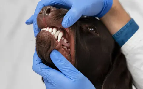 Un veterinario examina la boca de un perro, mostrando sus dientes blancos y afilados. Los perros tienen dientes de leche, que luego son reemplazados por los permanentes.