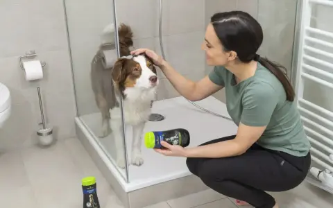 Mujer acaricia a su perro mientras lo baña en la ducha, sosteniendo un champú especial para mascotas.