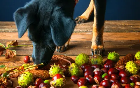 Un perro negro olfatea castañas y hojas secas sobre una mesa de madera. Los perros pueden comer castañas, pero con precaución.