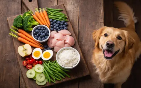 Un perro golden retriever mira con ansias una tabla de madera con ingredientes frescos: pollo, arroz, verduras y frutas. ¡Así es que comen los perros!