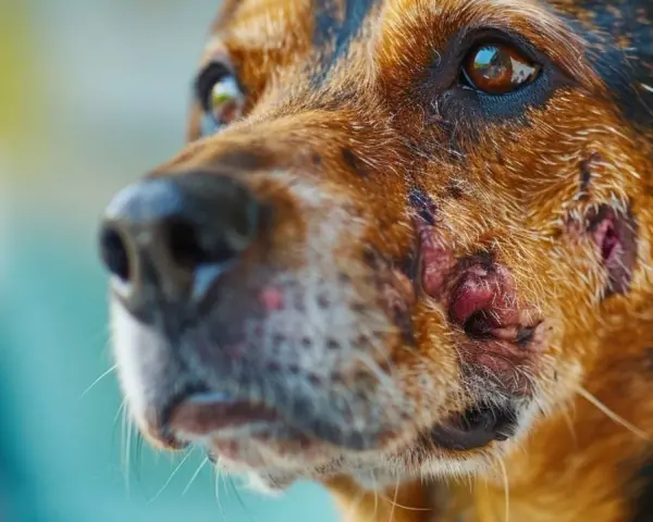 Primer plano de un perro con leishmaniasis, mostrando lesiones cutáneas en su rostro.