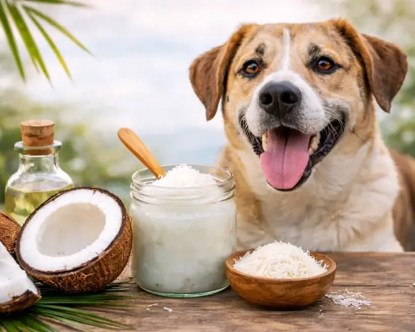 Un perro feliz mira mientras se prepara un festín de coco. ¡Los perros pueden comer coco!