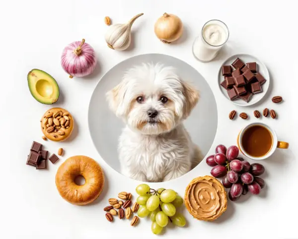 Un bichón maltés mira rodeado de alimentos prohibidos: chocolate, uvas, ajo, cebolla, aguacate, café y lácteos.
