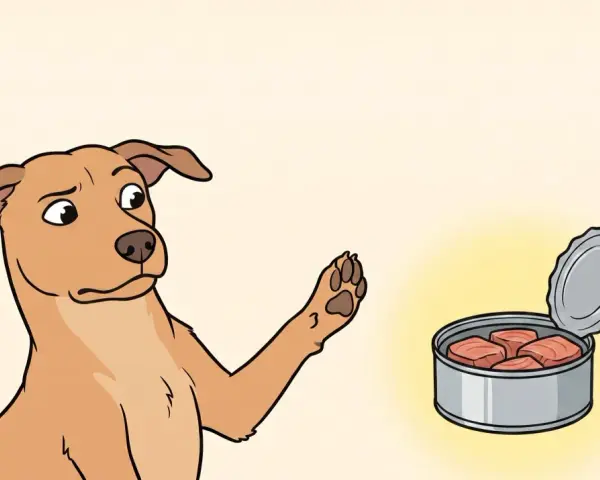 Un perro mira con duda una lata abierta de atún, preguntándose si los perros pueden comer atún.