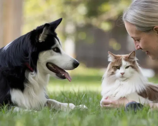 Una mujer sonríe a un gato mientras un perro, entrenado por un educador canino, observa atentamente.