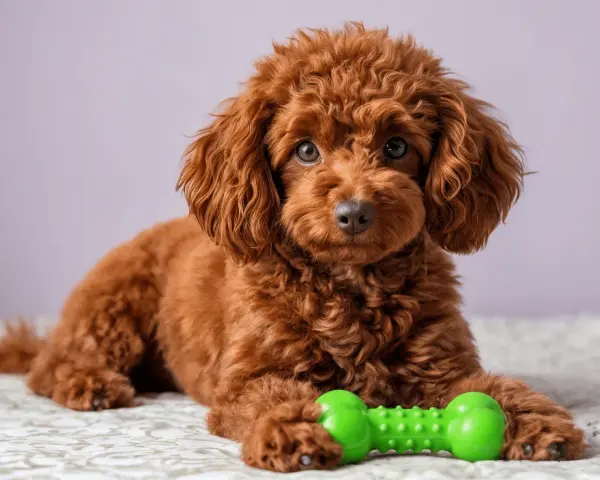 Un adorable caniche toy rojo adulto descansa con su juguete verde favorito.