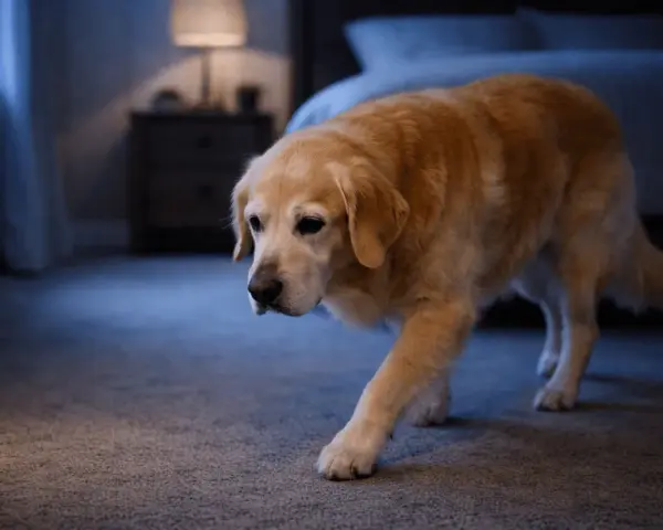 Golden retriever camina por la habitación en la oscuridad. Parece que mi perro no para de dar vueltas por la noche.