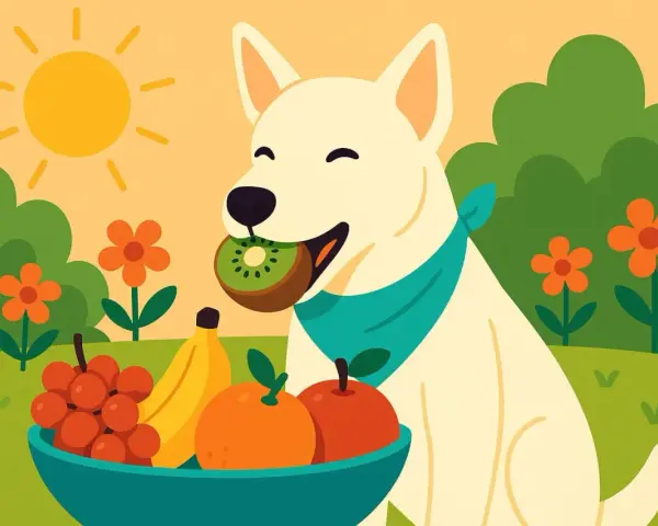 Un perro blanco con un pañuelo azul disfruta de un kiwi. Al lado, un cuenco lleno de frutas y flores naranjas bajo el sol. ¡Los perros pueden comer kiwi!