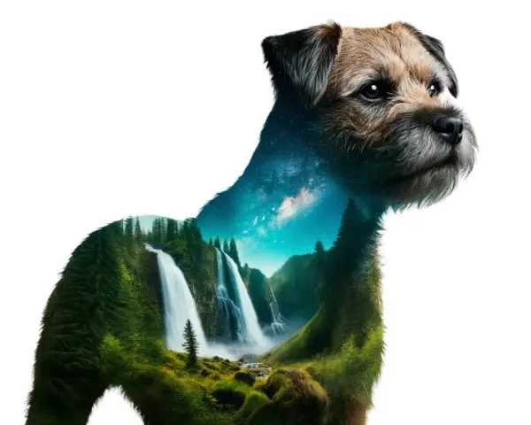 Un border terrier con un paisaje de cascadas y bosque en su interior, y el cielo estrellado en su cuello.
