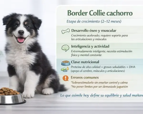 Border Collie cachorro junto a su plato de comida, con información sobre su desarrollo, nutrición y errores comunes.