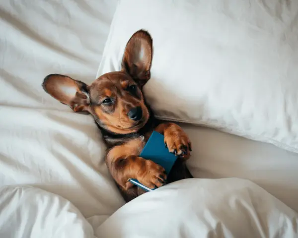 Un cachorro salchicha de 2 meses, acurrucado en la cama con un libro azul, parece preguntarse cuánto duerme un cachorro de 2 meses.