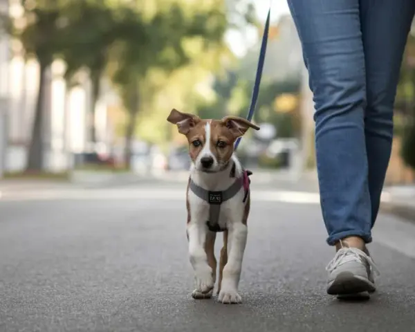 Un cachorro con arnés y correa sale a la calle por primera vez, explorando el mundo junto a su dueño.