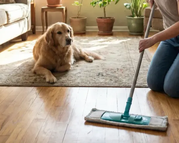 Persona friega el suelo con un mocho mientras su perro descansa. Soluciones para saber con qué fregar el suelo cuando hay perros.