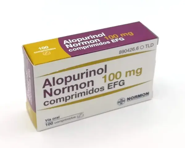 Caja de Alopurinol Normon 100 mg, 100 comprimidos. Medicamento para tratar la gota y otras afecciones, útil también para perros.