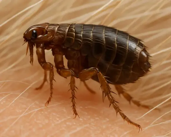Un primer plano de pulgas negras, parásitos diminutos con patas espinosas, sobre piel y pelo.