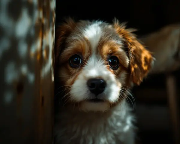 Adorable cachorro con ojos brillantes, demostrando que los perros tienen visión nocturna.