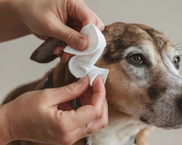 Manos limpian orejas perro con una toallita blanca. Cuidado e higiene para tu mascota.