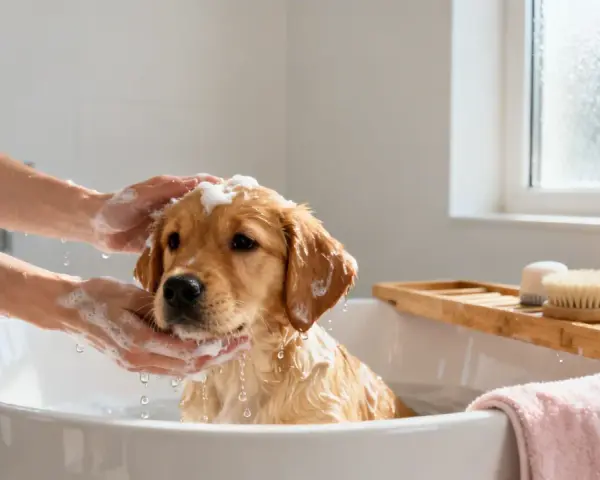Un cachorro golden retriever recibe su primer baño en una bañera. Es el momento perfecto para bañar a un cachorro cuando está sucio.