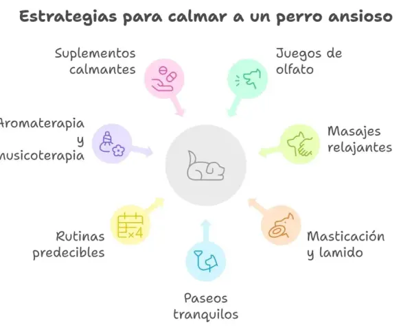 Estrategias para calmar a un perro ansioso: suplementos, aromaterapia, juegos, masajes, masticación, paseos y rutinas predecibles.