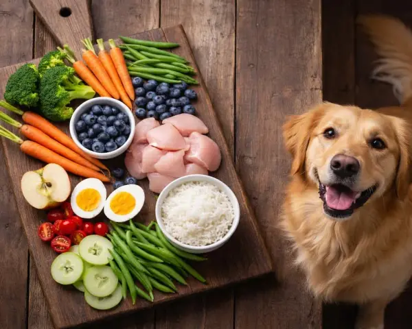 Un perro golden retriever mira con ansias una tabla de madera con ingredientes frescos: pollo, arroz, verduras y frutas. ¡Así es que comen los perros!