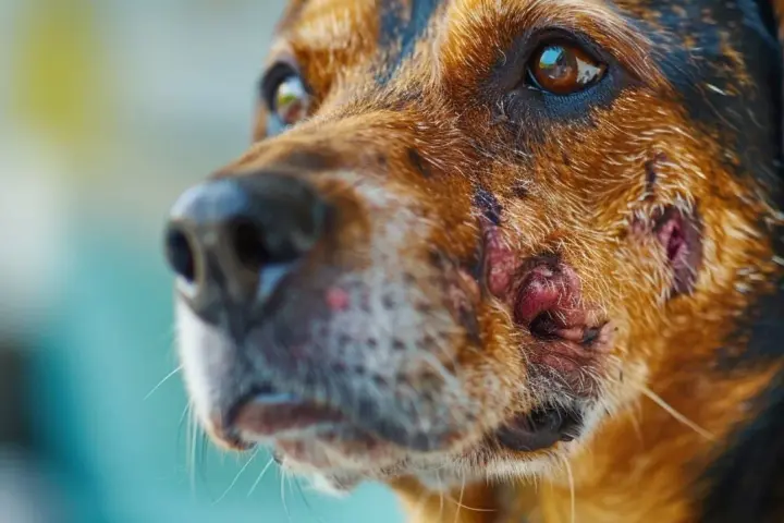 Primer plano de un perro con leishmaniasis, mostrando lesiones cutáneas en su rostro.