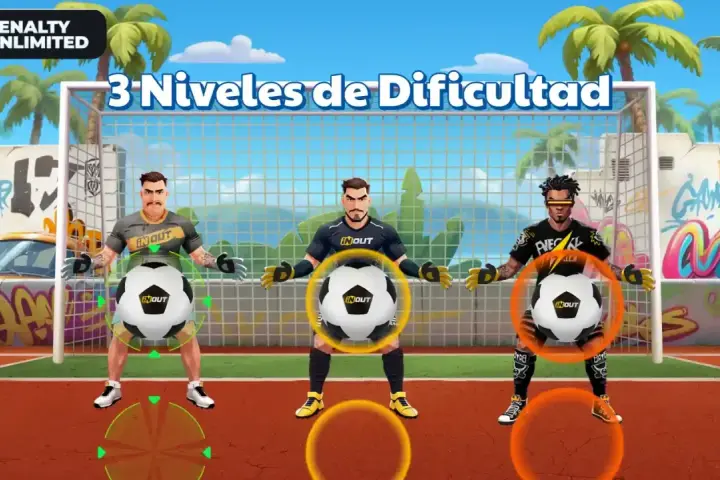 El juego de tiros de penalti: cada multiplicador. Tres porteros listos para detener balones en un campo de fútbol con palmeras y grafitis.