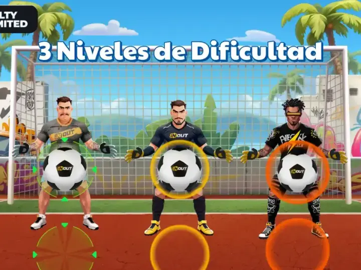 El juego de tiros de penalti: cada multiplicador. Tres porteros listos para detener balones en un campo de fútbol con palmeras y grafitis.