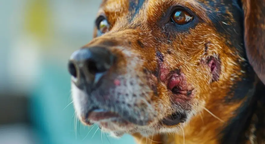 Primer plano de un perro con leishmaniasis, mostrando lesiones cutáneas en su rostro.