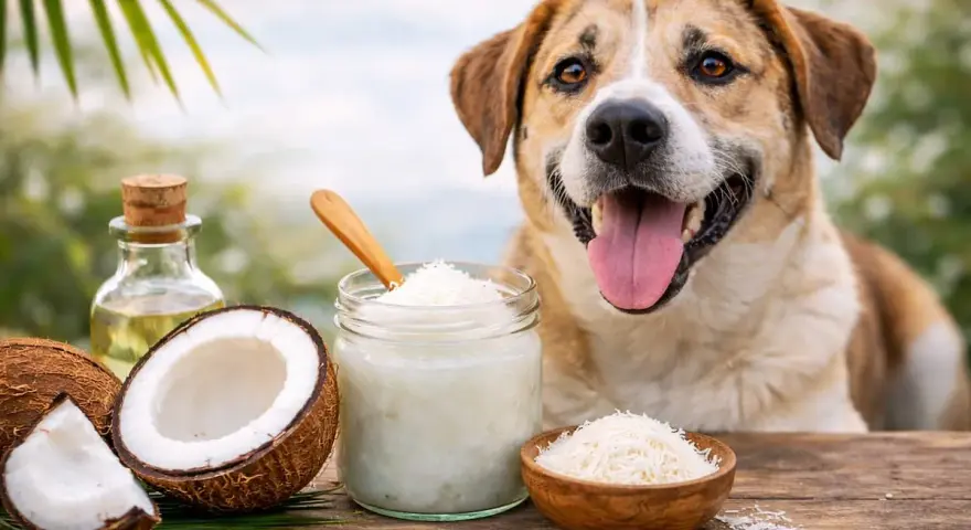 Un perro feliz mira mientras se prepara un festín de coco. ¡Los perros pueden comer coco!