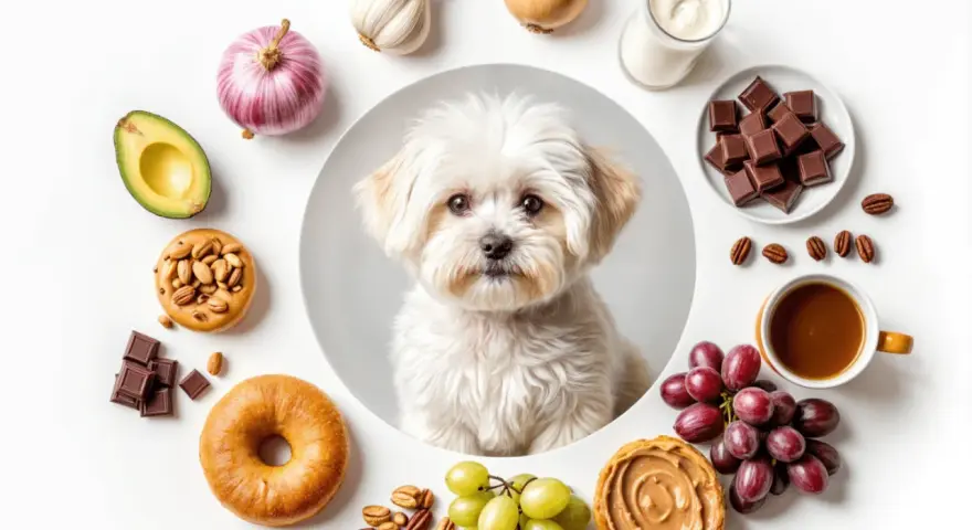 Un bichón maltés mira rodeado de alimentos prohibidos: chocolate, uvas, ajo, cebolla, aguacate, café y lácteos.
