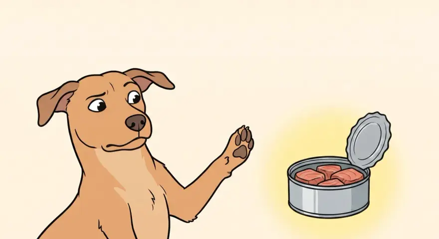 Un perro mira con duda una lata abierta de atún, preguntándose si los perros pueden comer atún.