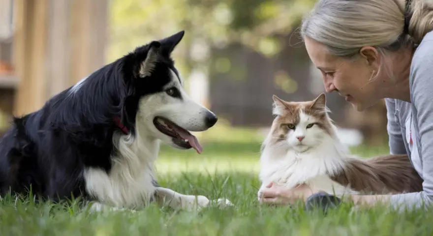 Una mujer sonríe a un gato mientras un perro, entrenado por un educador canino, observa atentamente.