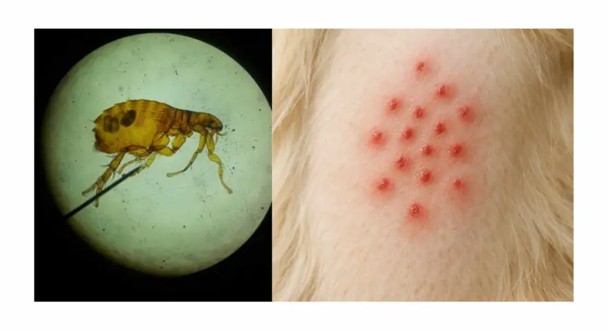 Un insecto microscópico, parecido a las pulgas, y una erupción roja en la piel de un animal.