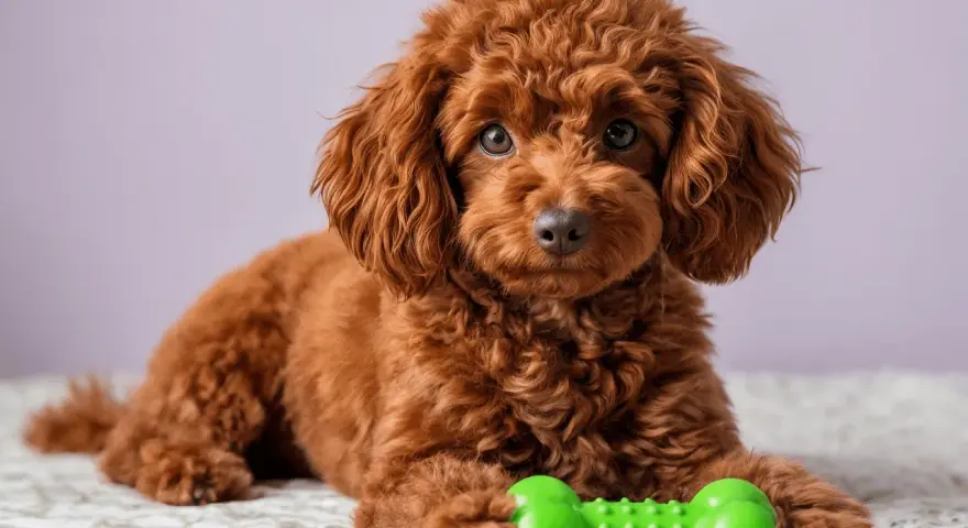 Un adorable caniche toy rojo adulto descansa con su juguete verde favorito.