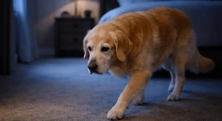 Golden retriever camina por la habitación en la oscuridad. Parece que mi perro no para de dar vueltas por la noche.