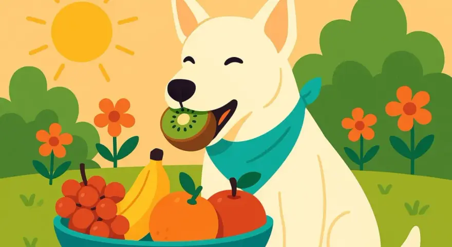 Un perro blanco con un pañuelo azul disfruta de un kiwi. Al lado, un cuenco lleno de frutas y flores naranjas bajo el sol. ¡Los perros pueden comer kiwi!