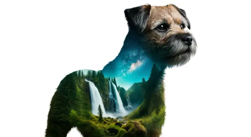 Un border terrier con un paisaje de cascadas y bosque en su interior, y el cielo estrellado en su cuello.