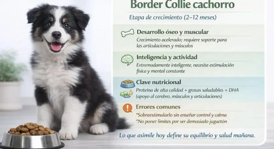 Border Collie cachorro junto a su plato de comida, con información sobre su desarrollo, nutrición y errores comunes.