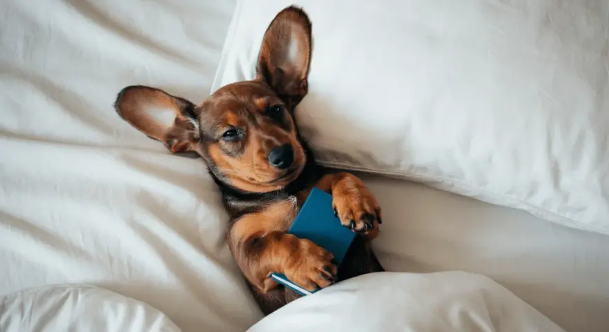 Un cachorro salchicha de 2 meses, acurrucado en la cama con un libro azul, parece preguntarse cuánto duerme un cachorro de 2 meses.