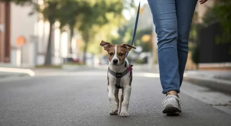 Un cachorro con arnés y correa sale a la calle por primera vez, explorando el mundo junto a su dueño.