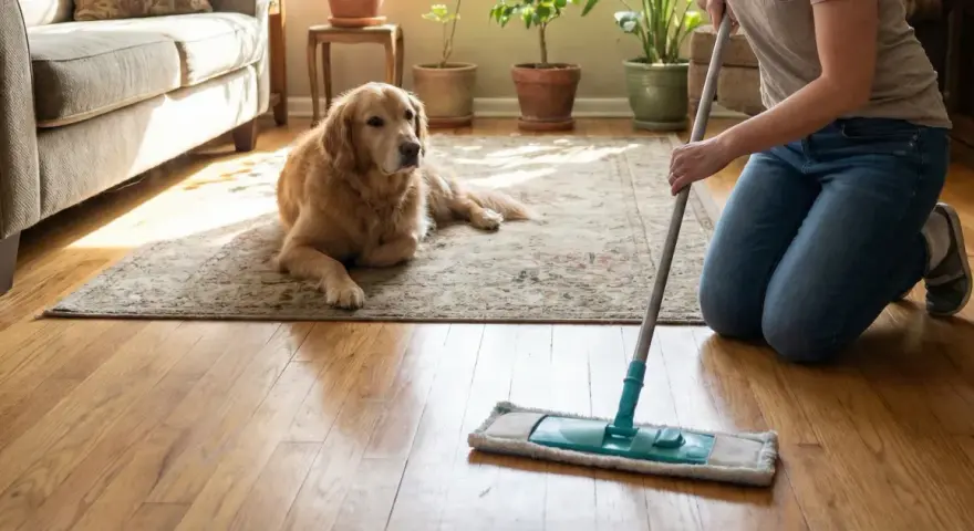 Persona friega el suelo con un mocho mientras su perro descansa. Soluciones para saber con qué fregar el suelo cuando hay perros.